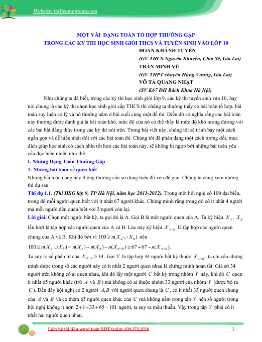 Một số dạng tổ hợp thường gặp trong kì thi học sinh giỏi và lớp 10 chuyên toán